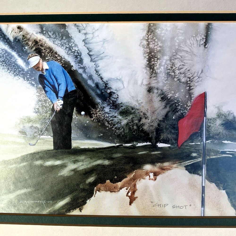 Framed Golf Print Chip Shot DL Cooper Hand Titled Vintage Watercolor 1990 Matted